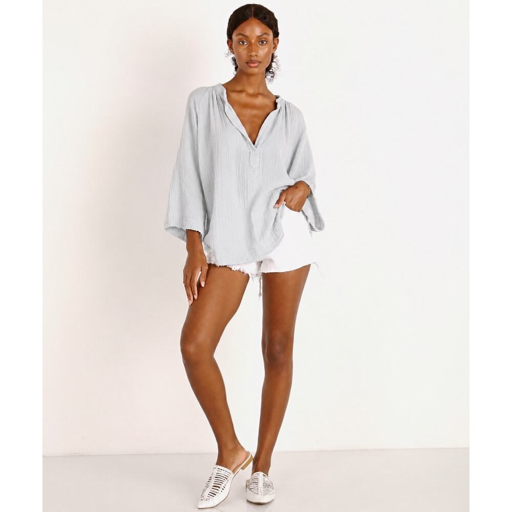 9 Seed Marrakesh Dashiki Tunic Top Shirt Cheesecloth Medium Large Blue Grey